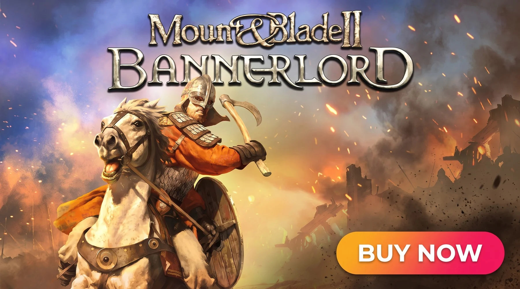 A promotional banner for the video game 'Mount & Blade II: Bannerlord' in a 16:9 format, based on the original cover art. In the upper center, the game's metallic and ornamental logo read 'Mount & Blade II BANNERLORD'. On the left and center, a warrior in a Norse-style helmet and chainmail, wearing a bright orange tunic, passionately rides a charging white horse on a chaotic battlefield. He raises a battle axe in his right hand while holding a round wooden shield in his left, with the horse depicted with it