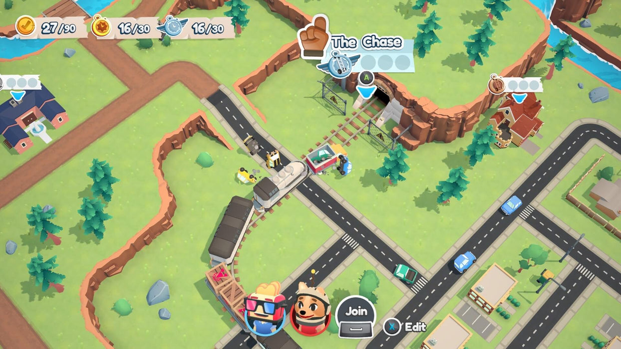 Moving Out Nintendo Map Overview Gameplay – An overhead map of a town in Moving Out, showing various locations and objectives for players to complete moving jobs. Find Moving Out game keys for Nintendo Switch at RushGame.co