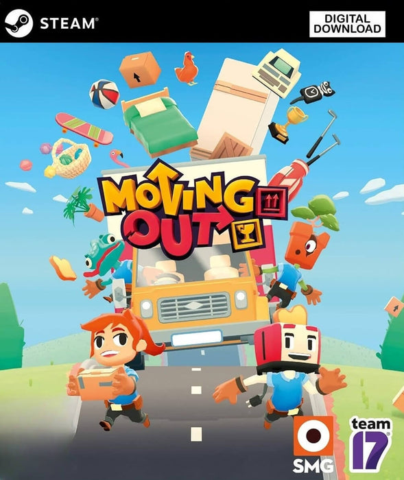 Colorful game cover of Moving Out for PC Steam, featuring quirky characters and chaotic moving scenes with flying furniture and objects. Dive into a hilarious co-op physics-based moving simulator. Instantly download your Steam CD Key from RushGame.co and start the fun with friends today
