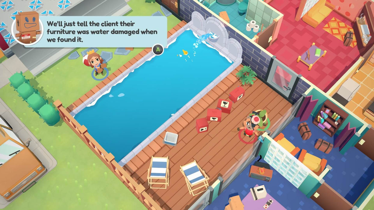 Moving Out Xbox Cooperative Gameplay – Players work together to move boxes and furniture out of a house, including a poolside area, in Moving Out. Get your Moving Out game key for PC on Xbox at RushGame.co.