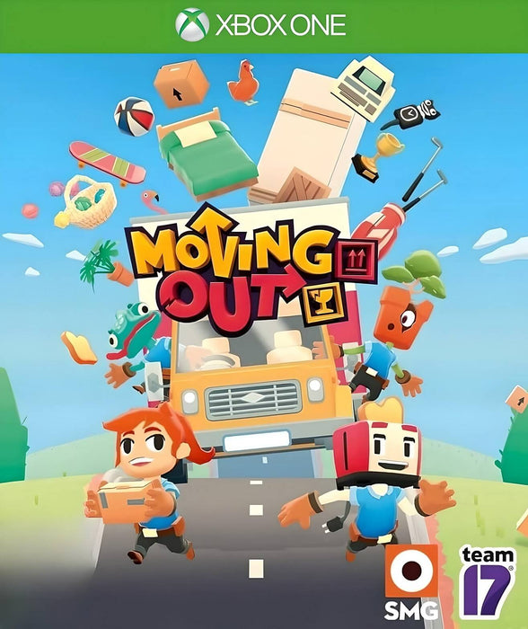 Colorful cover image of Moving Out for Xbox One, featuring cheerful movers and airborne household items in a quirky art style. Get your Xbox One digital game key now at RushGame.co and dive into this fun-filled moving simulator, perfect for co-op chaos in the US region