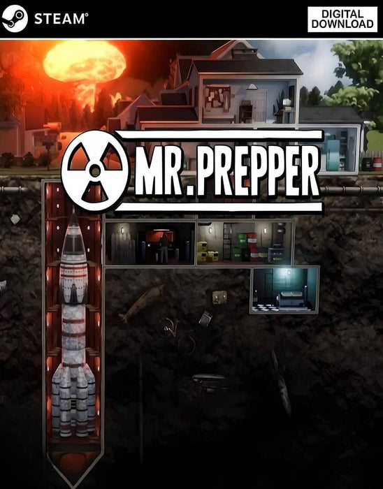 Cover image of Mr. Prepper for PC Steam, showcasing a suburban house with an underground bunker and rocket silo beneath, set against a backdrop of a nuclear explosion. Buy your Steam digital code now at RushGame.co and prepare for survival in this unique base-building adventure