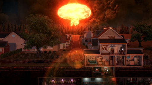 Mr. Prepper PC Steam gameplay screenshot featuring a nuclear explosion in the background. A suburban neighborhood is shown as a nuclear blast detonates, with visible destruction in the distance and an underground bunker in the foreground. Available at RushGame.co for purchase