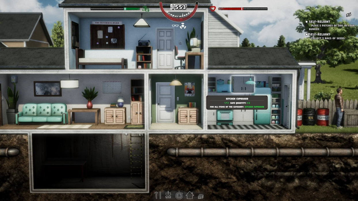 Mr. Prepper PC Steam screenshot showcasing the interior of a player's underground bunker. Various rooms in the bunker are visible, including a kitchen, living room, and storage areas. The player manages survival tasks like food storage. Purchase your game key on RushGame.co