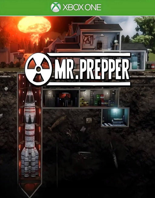 Cover image of Mr. Prepper for Xbox One and Xbox Series X|S, featuring a house with an underground base and a rocket silo, set against a nuclear explosion backdrop. Buy your Xbox digital key today at RushGame.co and get ready to outsmart the system in this survival-building simulator