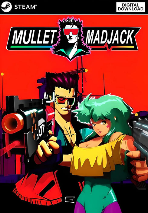 Cover art of Mullet MadJack for PC Steam, featuring a retro-styled hero with a mullet and sunglasses, holding futuristic weapons alongside a vibrant female companion. Get your digital game key now at RushGame.co and dive into this neon-soaked, action-packed shooter adventure