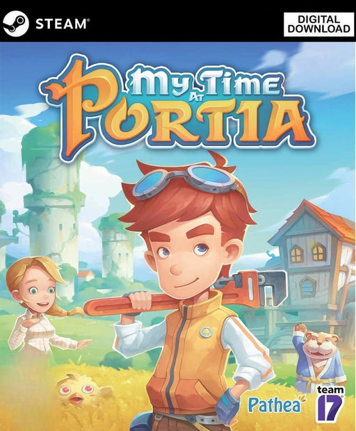 Colorful cover art of My Time At Portia for PC Steam, showcasing the main character holding a wrench with a bright, whimsical town and castle towers in the background. Discover this charming life-simulation RPG with your digital game key from RushGame.co and start rebuilding your workshop today