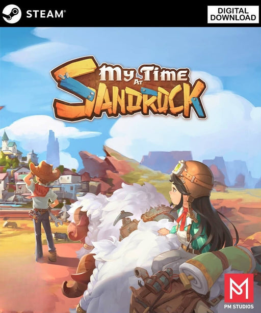 Cover art for My Time at Sandrock on Steam, showing a female character riding a woolly creature and gazing at a vibrant desert frontier. Explore a post-apocalyptic town full of charm and adventure—grab your digital Steam key now from RushGame.co and shape the future of Sandrock