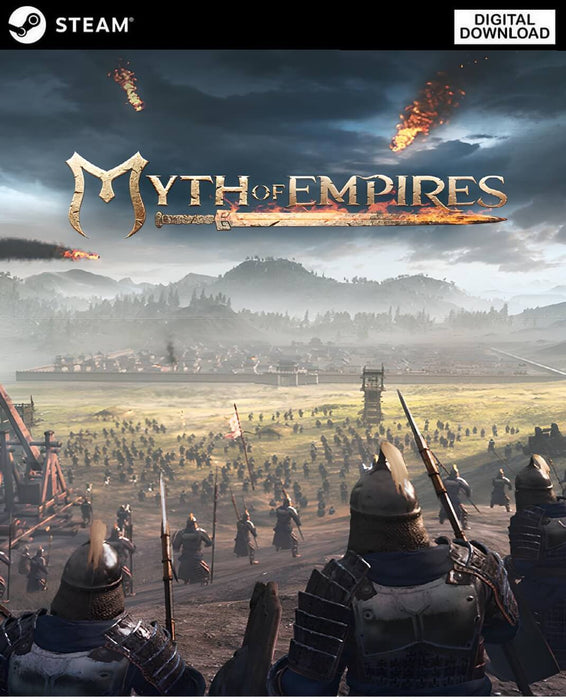 Cover image for Myth of Empires on Steam, depicting a large-scale medieval battle with armored warriors preparing for siege under a sky lit by flaming projectiles. Immerse yourself in strategic empire-building - buy your Myth of Empires Steam key now at RushGame.co for instant digital delivery