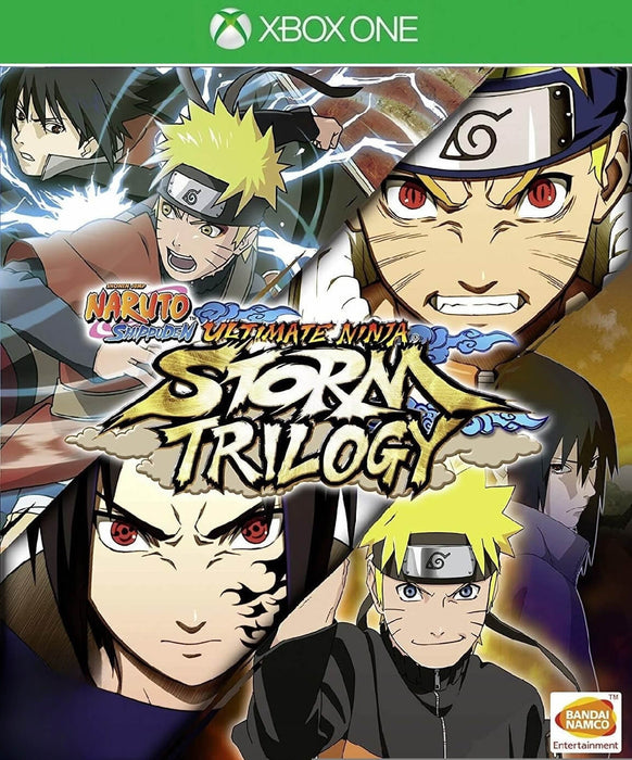 Cover art for Naruto Shippuden: Ultimate Ninja STORM Trilogy on Xbox One, showcasing Naruto and Sasuke in various iconic battle poses from across the series. Buy the complete digital trilogy and relive the epic ninja saga with an instant Xbox CD Key at RushGame.co