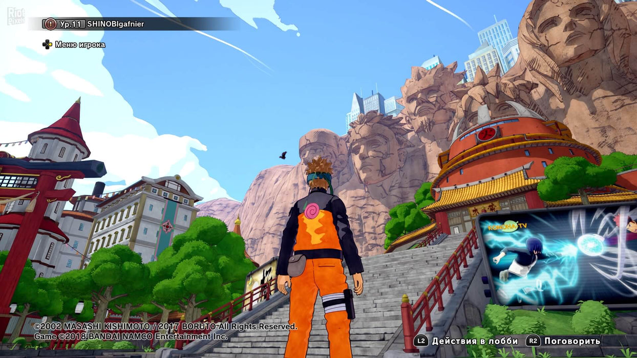 Naruto character in Hidden Leaf Village - Shinobi Striker Xbox: A player-controlled Naruto character stands at the base of the Hokage Rock in Hidden Leaf Village, with detailed visuals capturing the iconic setting from the Naruto series. Get your copy of Naruto to Boruto: Shinobi Striker for Xbox at RushGame.co