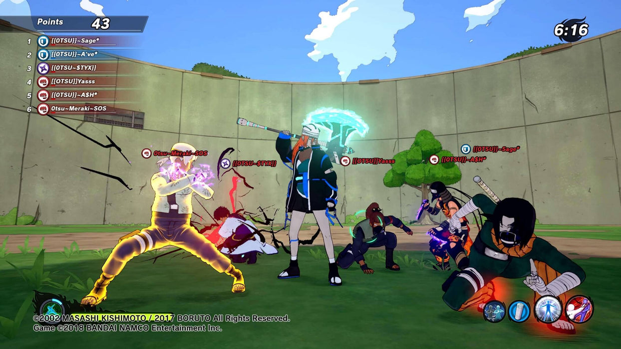 Naruto to Boruto Shinobi Striker gameplay - Team Battle Victory Pose: A team of ninja characters celebrates after a victorious battle in Naruto to Boruto: Shinobi Striker. This dynamic multiplayer match showcases intense action with high scores displayed. Available on Xbox from RushGame.co