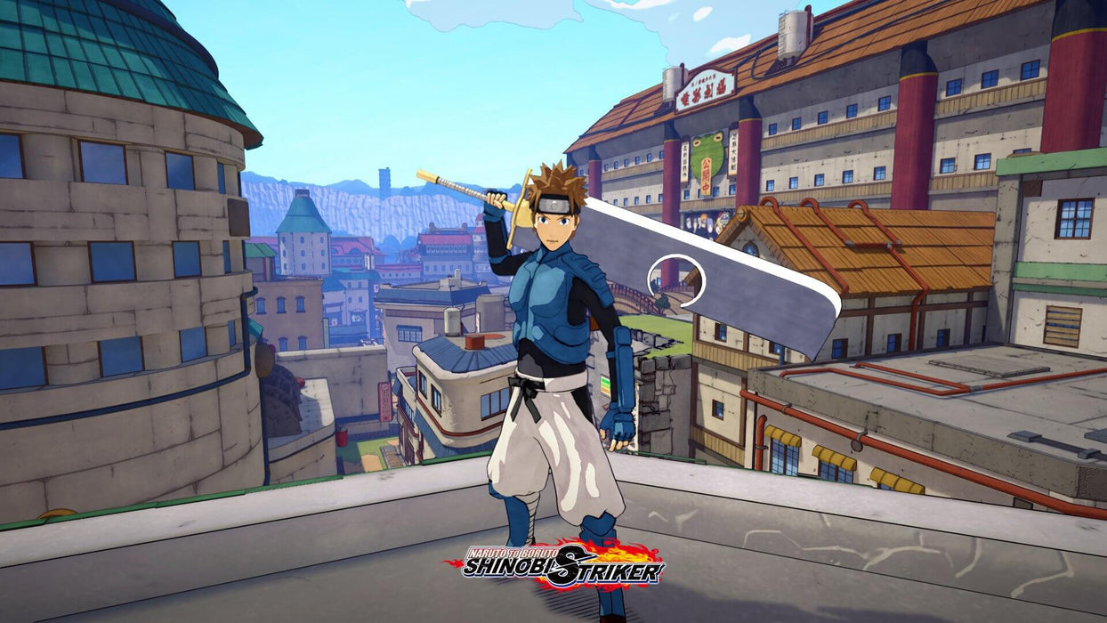 Player character with massive sword - Naruto to Boruto Shinobi Striker Xbox: A player character holding a large, iconic sword stands on a rooftop, overlooking the Hidden Leaf Village in Naruto to Boruto: Shinobi Striker. Experience epic ninja battles on Xbox with keys from RushGame.co