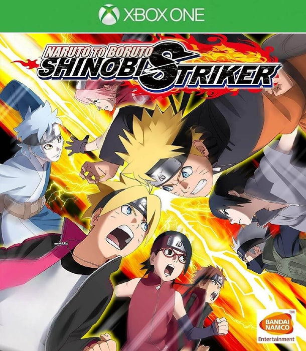 Dynamic Xbox One cover art for Naruto to Boruto: Shinobi Striker, featuring Naruto, Boruto, Sasuke, and other iconic characters in a heated face-off. Buy your Xbox digital key today at RushGame.co and dive into action-packed ninja battles online with friends