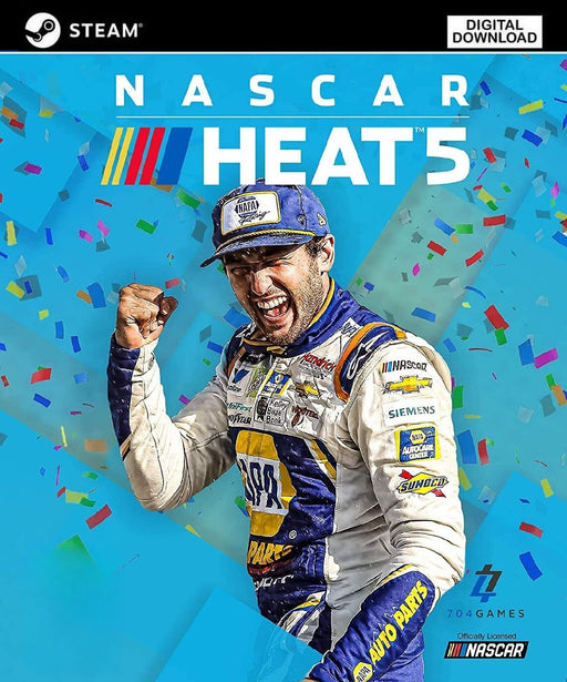 Victory celebration cover art for NASCAR Heat 5 on PC Steam, featuring a triumphant driver in a racing suit amid colorful confetti. Buy your NASCAR Heat 5 Steam key now at RushGame.co and experience the thrill of high-speed racing with official NASCAR licensing