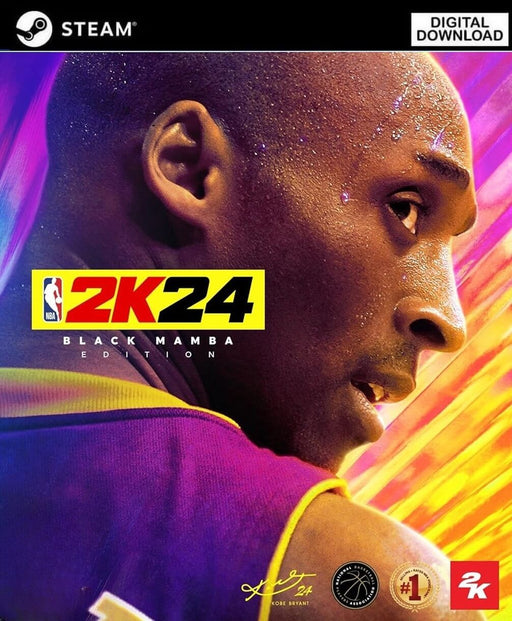 Cover image for NBA 2K24 Black Mamba Edition on PC Steam, featuring a close-up of Kobe Bryant in his Lakers jersey with a vibrant purple and yellow background. Get your digital CD key instantly at RushGame.co and honor the legacy of the basketball legend in this special edition release