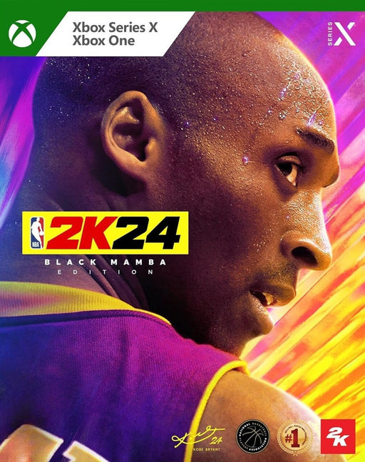 NBA 2K24 Black Mamba Edition cover for Xbox One and Xbox Series X|S, showcasing Kobe Bryant in a powerful close-up with a vivid purple and gold background. Celebrate the legacy of a basketball icon—purchase your digital CD key now at RushGame.co for instant delivery