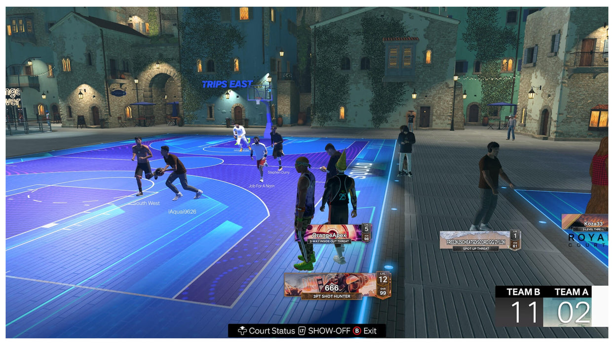 In-game screenshot from NBA 2K24 Kobe Bryant Edition showing an intense streetball match on a glowing blue court surrounded by a Mediterranean-style town. Enhance your basketball experience with digital game codes available at RushGame.co