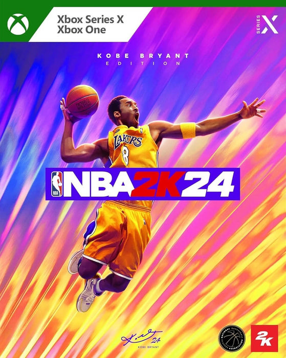 Official cover art of NBA 2K24 Kobe Bryant Edition for Xbox Series X and Xbox One, featuring Kobe Bryant soaring through vibrant purple and gold streaks in his iconic Lakers jersey. Purchase your NBA 2K24 Xbox CD Key today at RushGame.co and experience the legacy of a basketball legend