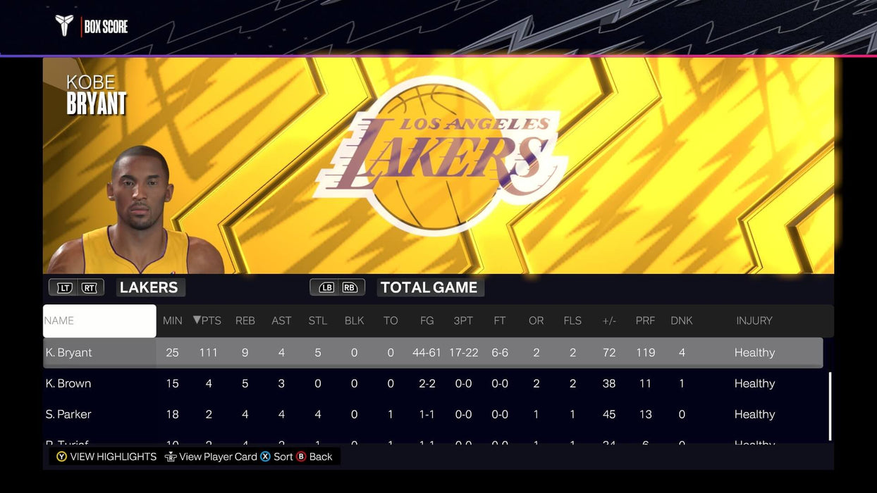 NBA 2K24 Kobe Bryant Edition - gameplay screenshot showing box score kobe bryant stats