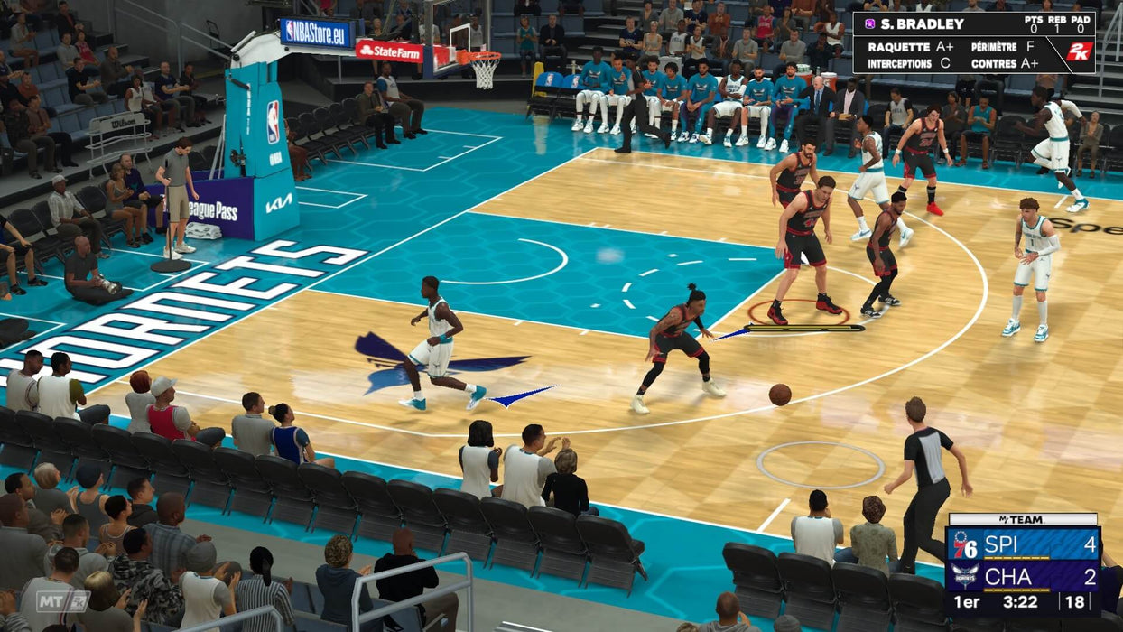 NBA 2K24 PC Steam screen showing a court-side view during a fast break - An in-game screenshot from NBA 2K24 showing players in action, as a fast break unfolds in a realistic basketball environment. Fans cheer from the stands as the gameplay captures the intensity of NBA competition. Purchase your NBA 2K24 key from RushGame.co today