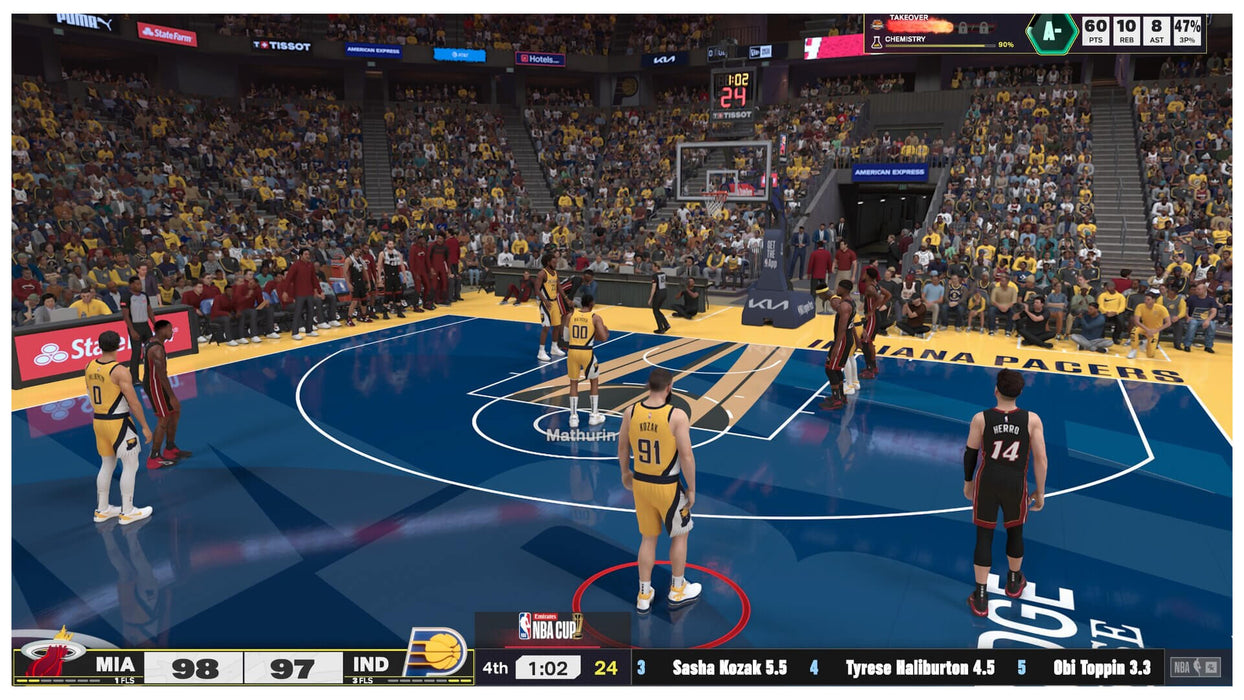 NBA 2K25 gameplay featuring the Indiana Pacers versus Miami Heat during a tight fourth-quarter showdown in the NBA Cup. Purchase your US CD key at RushGame.co and dive into the excitement of competitive NBA play