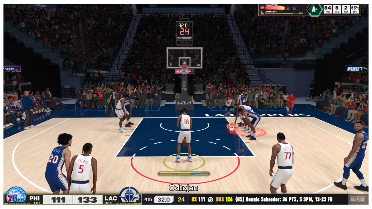 NBA 2K25 gameplay showing a player taking a free throw during a high-scoring match between the LA Clippers and Philadelphia 76ers. Order your Xbox US game key at RushGame.co and experience realistic court action