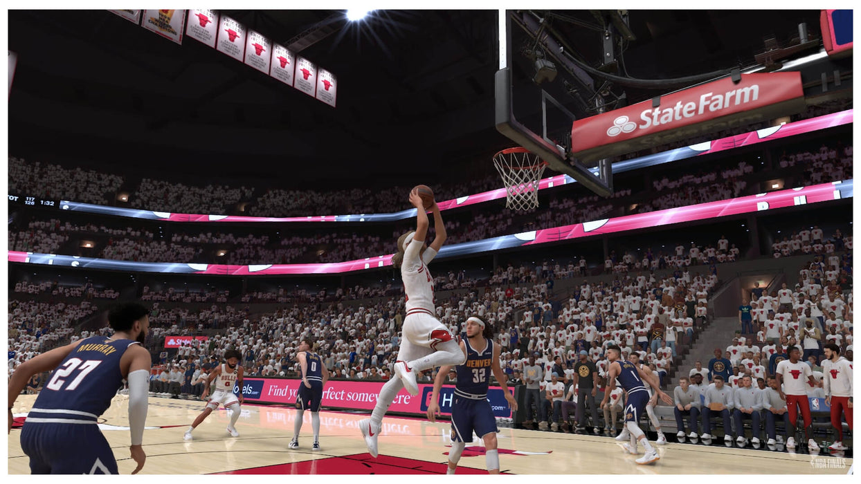 NBA 2K25 gameplay featuring a Bulls player performing a dunk during an intense match against the Denver Nuggets. Unlock your NBA 2K25 Xbox key today at RushGame.co and join the excitement