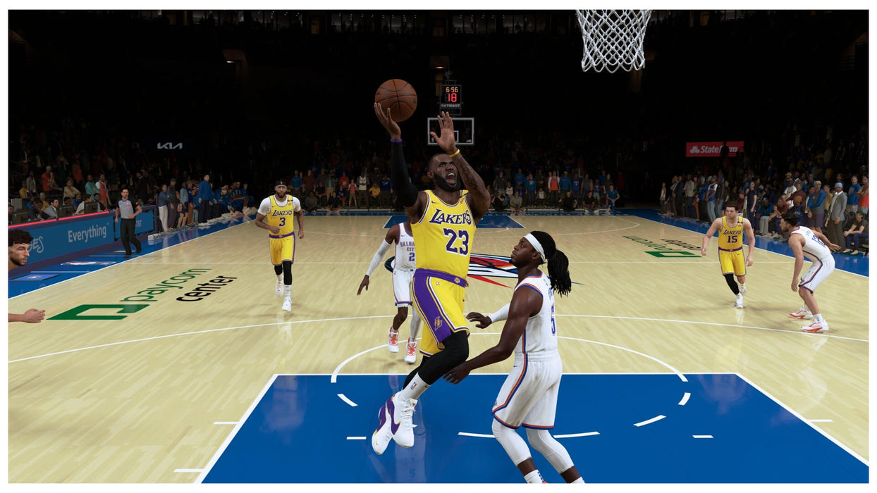 In-game screenshot from NBA 2K25 showing a Lakers player mid-air during a layup against Oklahoma City. Experience realistic NBA action with your Xbox CD key from RushGame.co