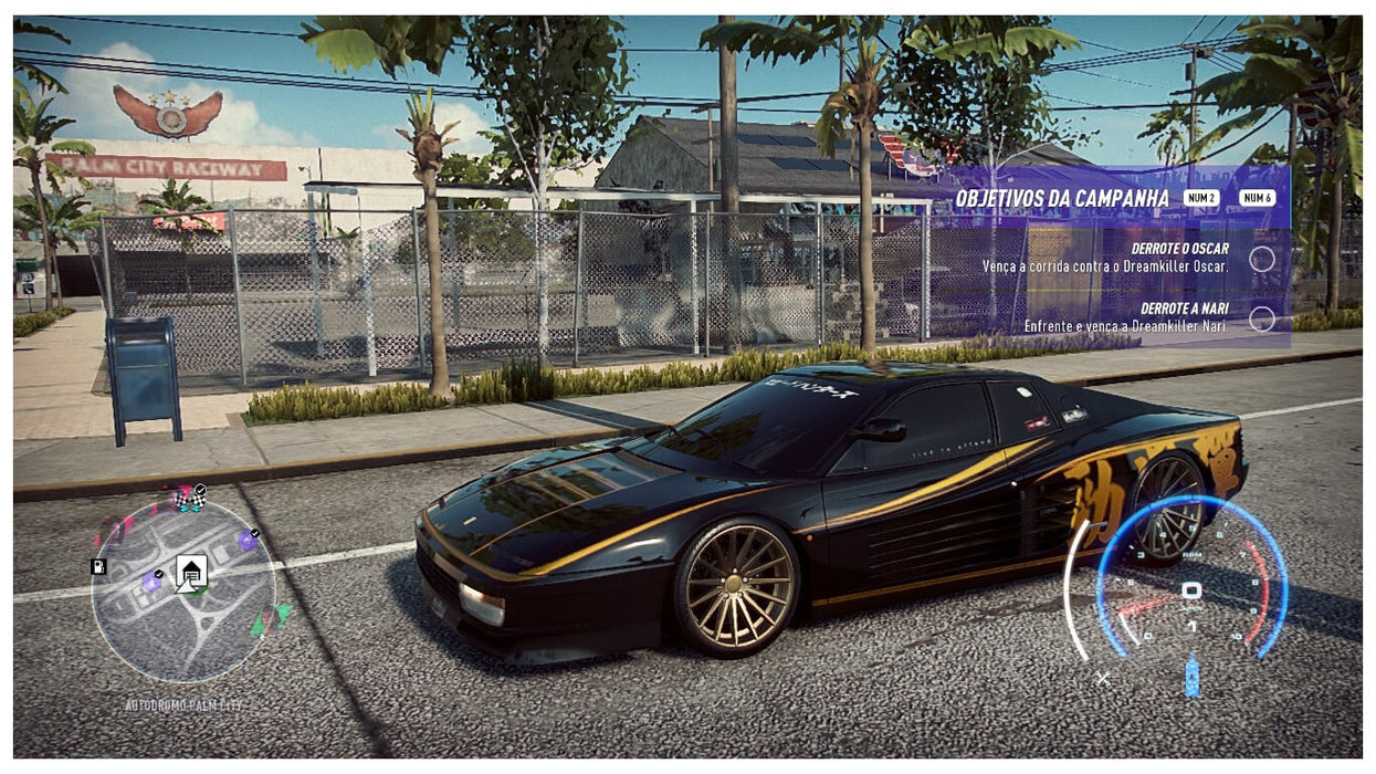 A rear-view racing scene in Need for Speed for Xbox One, as a purple sports car speeds through a coastal road at dusk. Unlock the thrill with an Xbox One digital code from RushGame.co