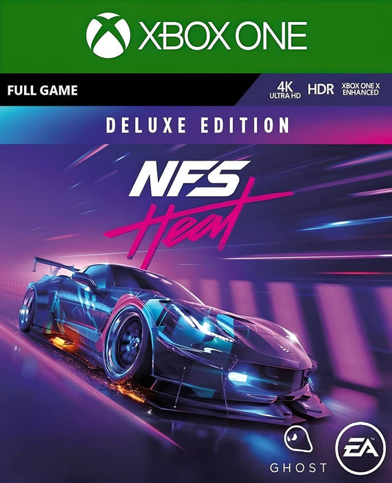 Cover art for Need for Speed Heat Deluxe Edition on Xbox One, featuring a neon-lit racing car. Grab your NFS Heat Xbox digital key now at RushGame.co and experience high-octane street racing