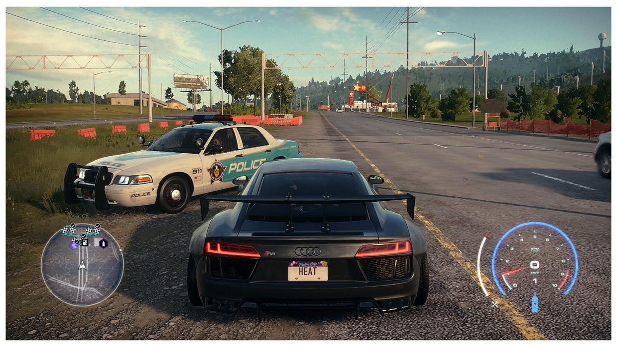 In-game screenshot from Need for Speed Heat on PC EA Play showing a black Audi R8 pulled over next to a police cruiser. Get your EA Play digital key for NFS Heat now at RushGame.co