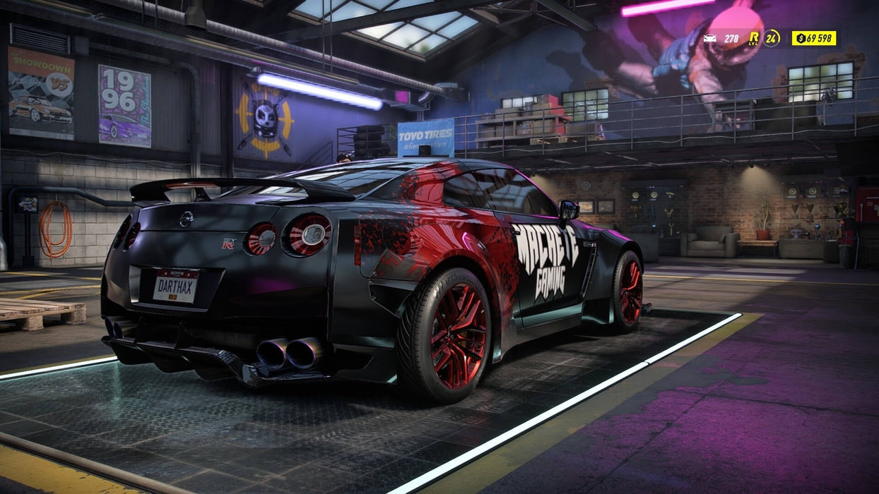 Need for Speed Heat PC gameplay image showing a custom Nissan GT-R with red accents in a tuning garage. Purchase the EA Play version of NFS Heat at RushGame.co for immediate access