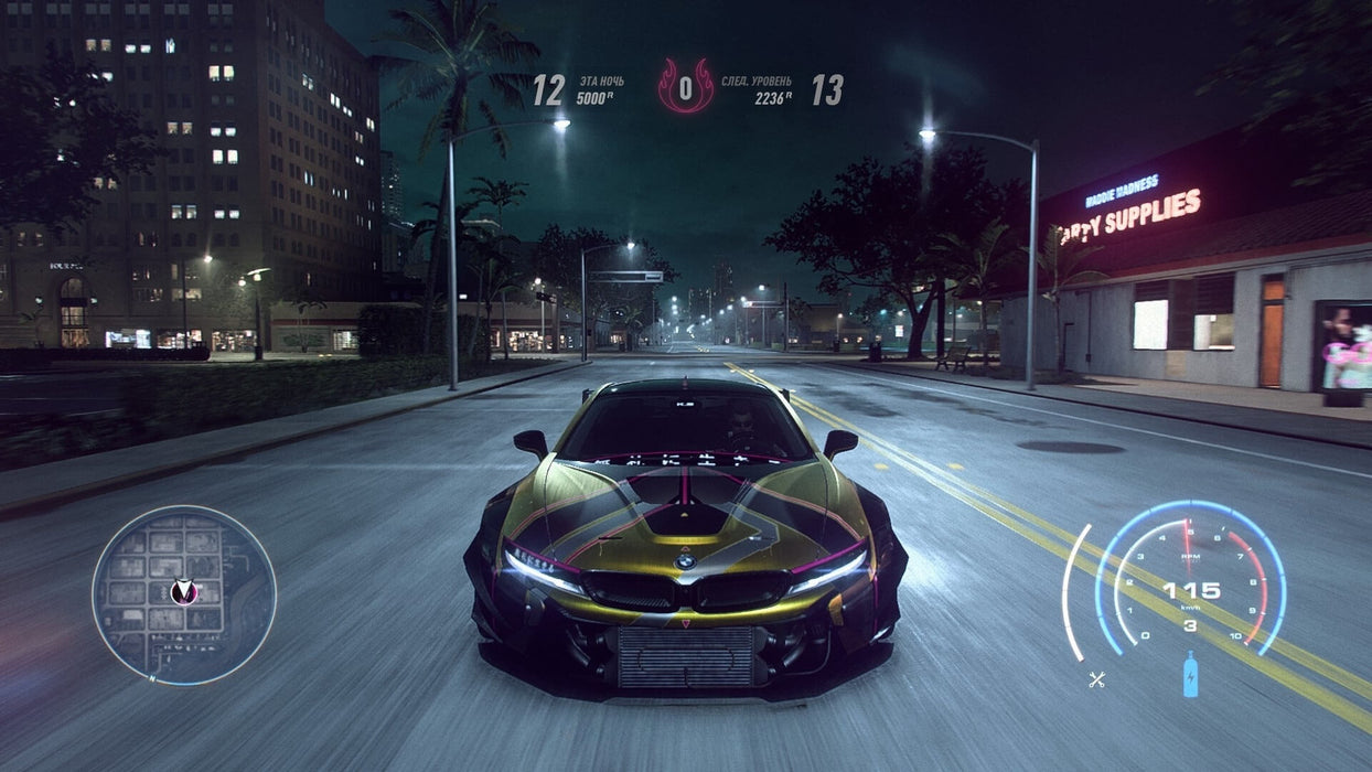 Night racing screenshot from Need for Speed Heat on PC, featuring a highly customized BMW speeding through the city. Get your PC CD key for NFS Heat today at RushGame.co