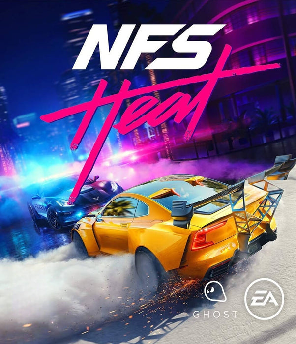 Official cover art for Need for Speed Heat on PC via EA Play, featuring a high-speed police chase with neon lights. Buy your NFS Heat PC CD key instantly at RushGame.co