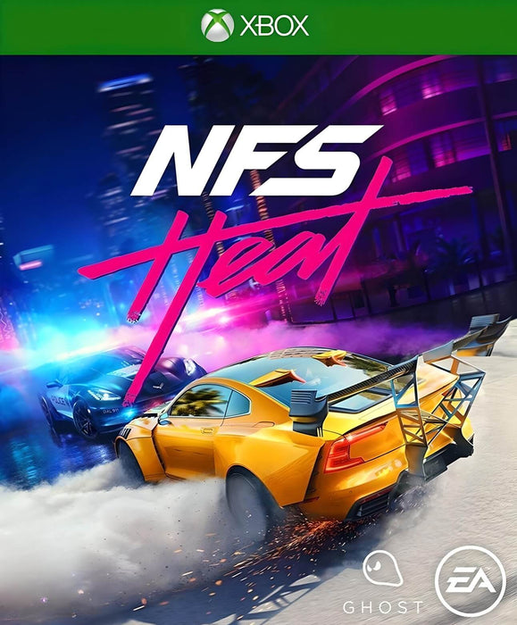 Official cover art for Need for Speed Heat on Xbox, with a yellow muscle car drifting away from police lights. Grab your Xbox US digital key for NFS Heat now at RushGame.co