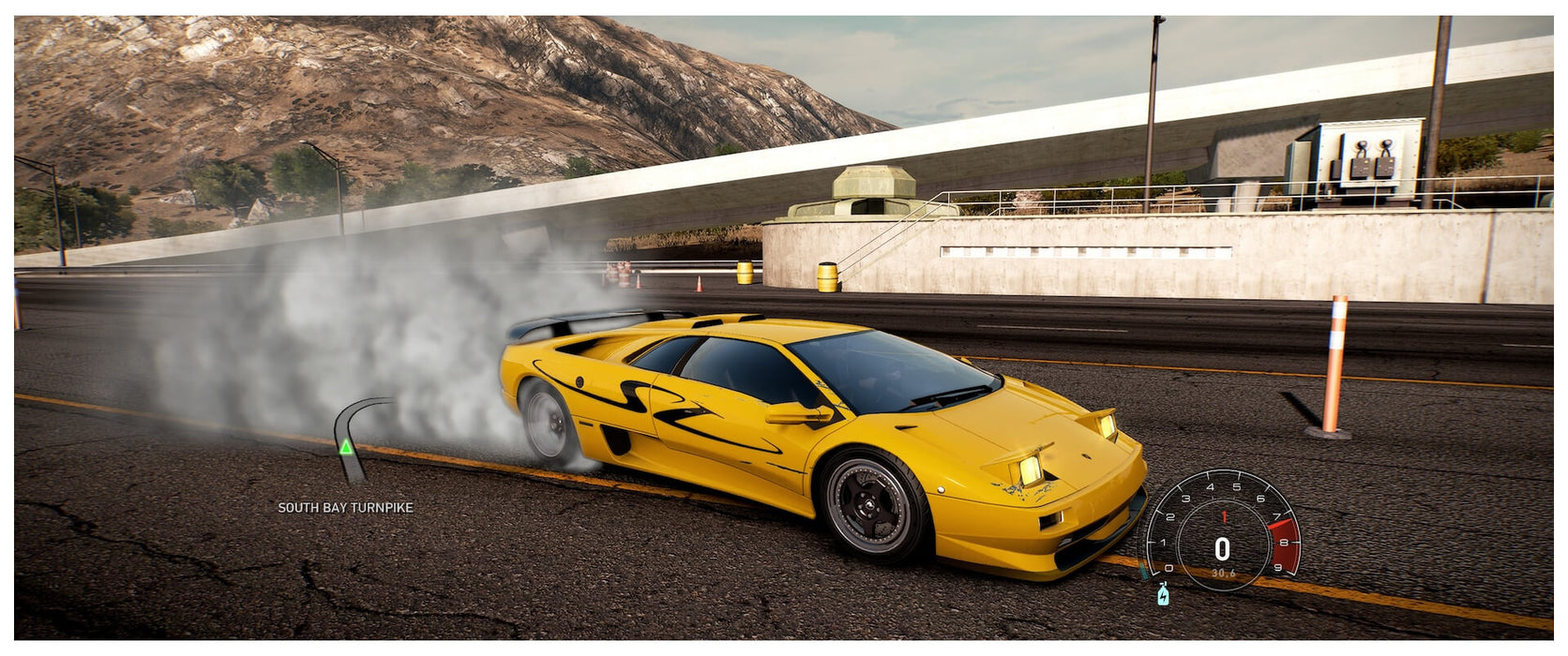Yellow Lamborghini Diablo SZ performing a burnout on South Bay Turnpike in NFS Hot Pursuit. Get your EA Play digital key for PC today from RushGame.co