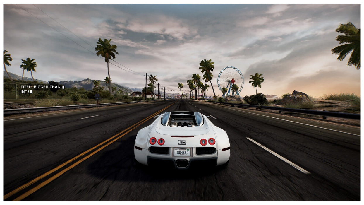 White Bugatti speeding along a coastal highway with a ferris wheel in the background in Need for Speed Hot Pursuit Remastered. Purchase your Nintendo Switch CD Key for NFS Hot Pursuit at RushGame.co