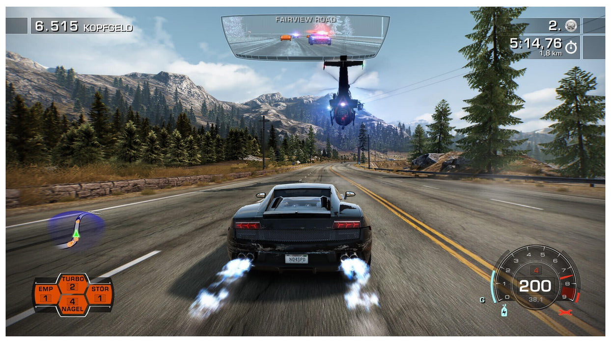 In-game screenshot from Need for Speed: Hot Pursuit Remastered showing a Lamborghini Gallardo being chased by police and a helicopter on a mountain road. Purchase your EA Play digital code now at RushGame.co and jump into the action