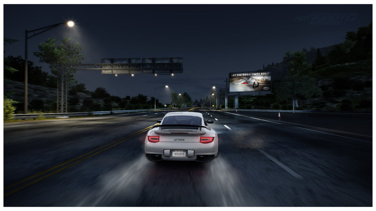 Gameplay image from Need for Speed: Hot Pursuit Remastered showcasing a white Porsche 911 GT2 RS speeding down a wet road at night. Experience thrilling pursuits—get your EA Play CD Key instantly from RushGame.co