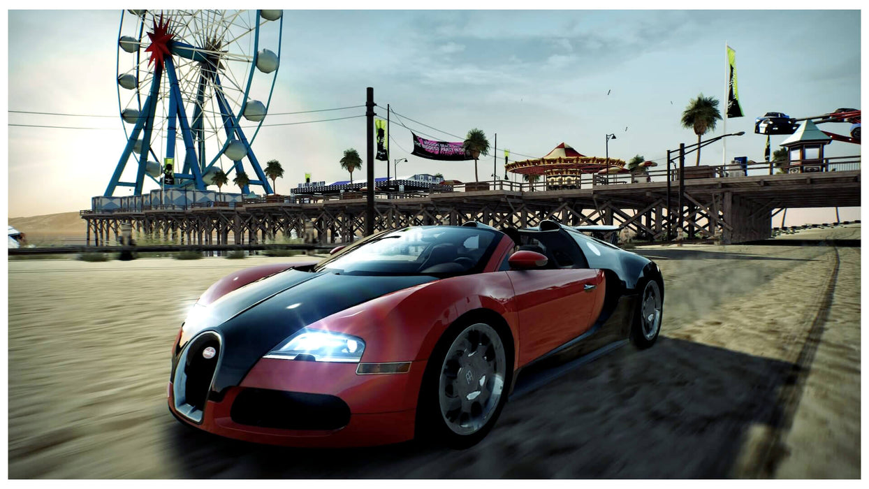 High-octane race scene from Need for Speed: Hot Pursuit Remastered on Xbox One, showing a Bugatti Veyron drifting across the beachside boardwalk. Get your digital Xbox CD key today at RushGame.co for thrilling gameplay