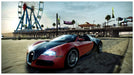 High-octane race scene from Need for Speed: Hot Pursuit Remastered on Xbox One, showing a Bugatti Veyron drifting across the beachside boardwalk. Get your digital Xbox CD key today at RushGame.co for thrilling gameplay
