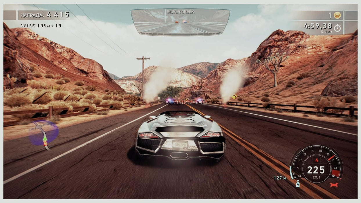Need for Speed: Hot Pursuit Remastered Xbox gameplay featuring a Lambo Reventón speeding toward a police barricade in a desert setting. Purchase your Xbox CD key at RushGame.co for nonstop racing excitement