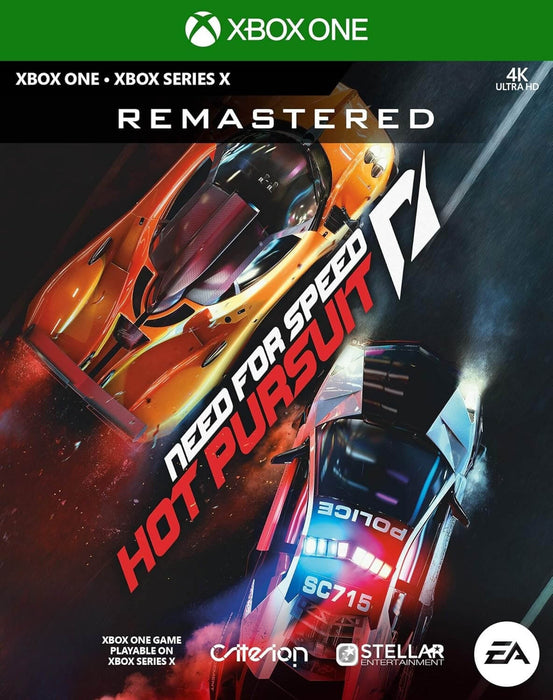 Official cover art for Need for Speed: Hot Pursuit Remastered on Xbox One, featuring a dramatic high-speed chase between a sleek supercar and a police vehicle with neon lighting. Buy your Xbox One game key now at RushGame.co for instant delivery and epic racing action