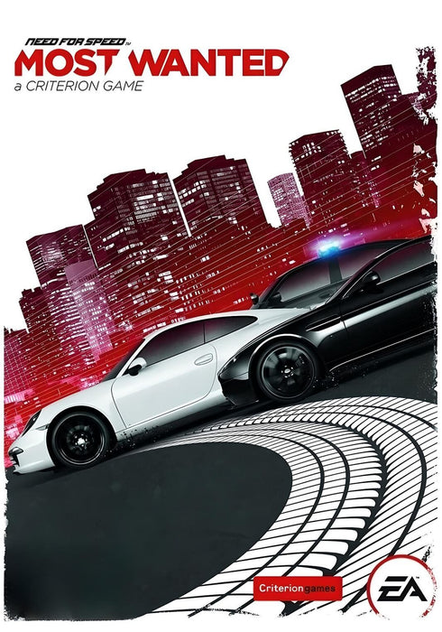 Official cover art of Need for Speed: Most Wanted for PC EA Play, featuring a high-speed chase between a white sports car and a police vehicle with a city skyline in the background. Get your digital CD key now at RushGame.co and dominate the streets