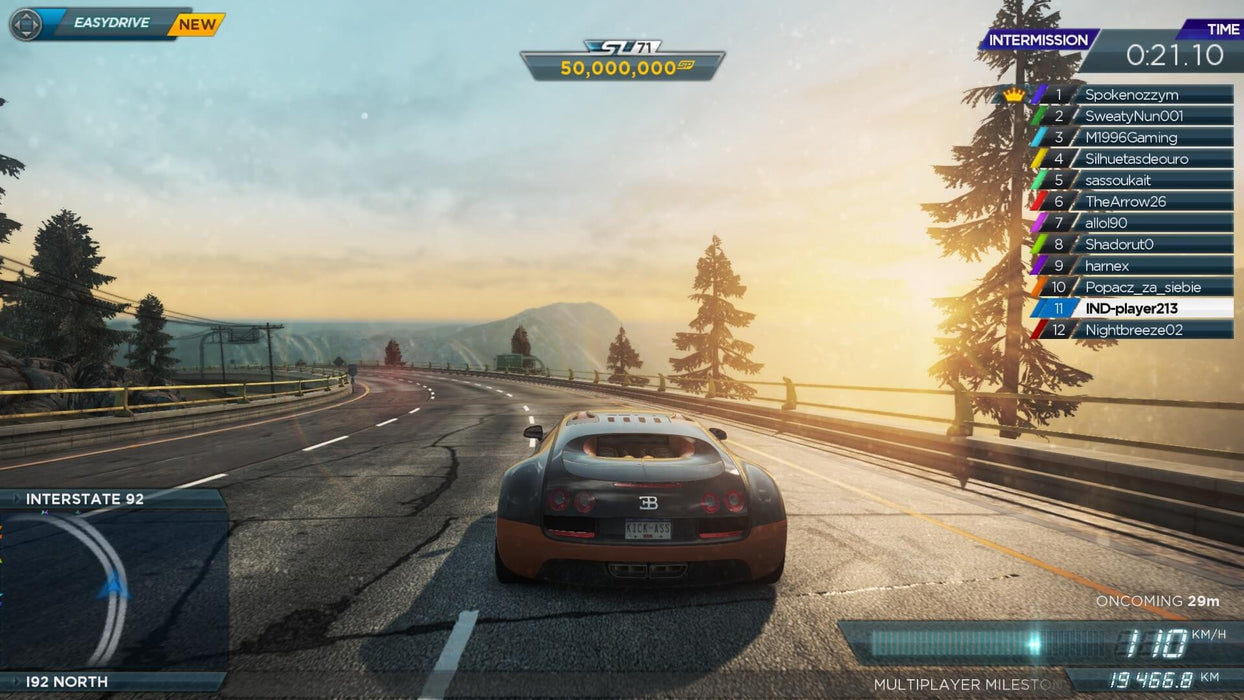 An orange Bugatti Veyron zooming on a highway in Need for Speed: Most Wanted, with a stunning sunrise in the background. Prepare for exhilarating racing in scenic landscapes. Available for purchase at RushGame.co