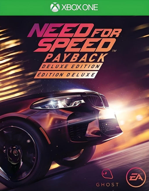 Cover art for Need for Speed Payback Deluxe Edition on Xbox One, featuring a high-performance car speeding through neon-lit streets. Buy your US Xbox CD key now at RushGame.co and dive into the ultimate racing revenge story