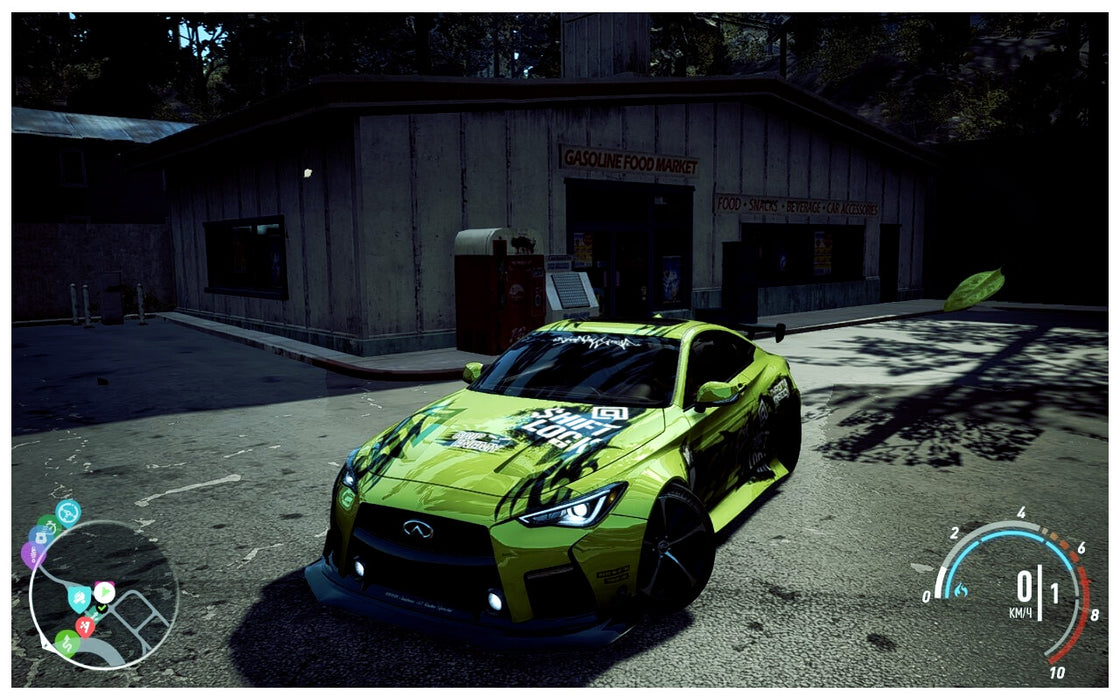 Close-up of a customized lime-green car parked at a Gasoline Food Market in Payback. Xbox One CD key available now at RushGame.co