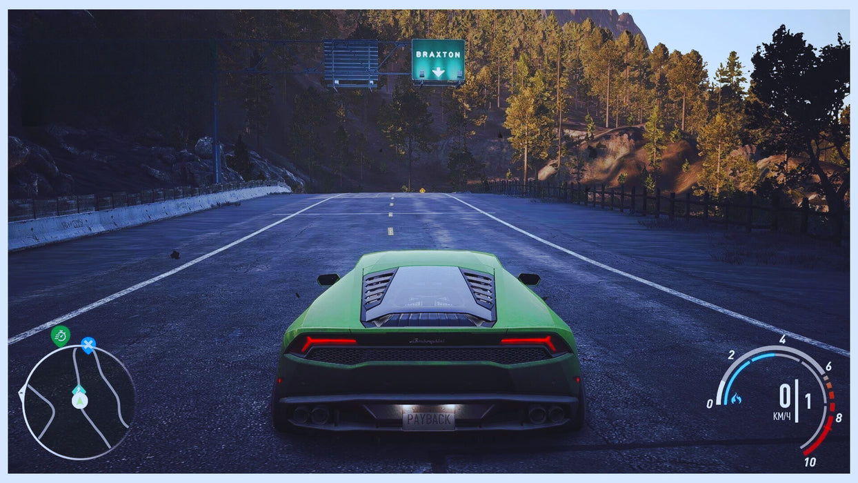 Lamborghini Huracán with 'Payback' plate awaits a street race near Braxton signpost. Capture the action with your Xbox CD key from RushGame.co