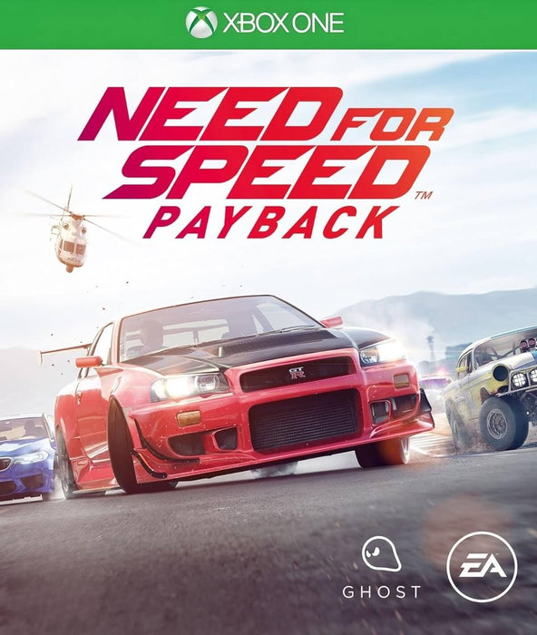 Official cover art for Need for Speed: Payback on Xbox One showing a red Nissan GT-R leading a high-speed crew. Buy your CD key securely at RushGame.co